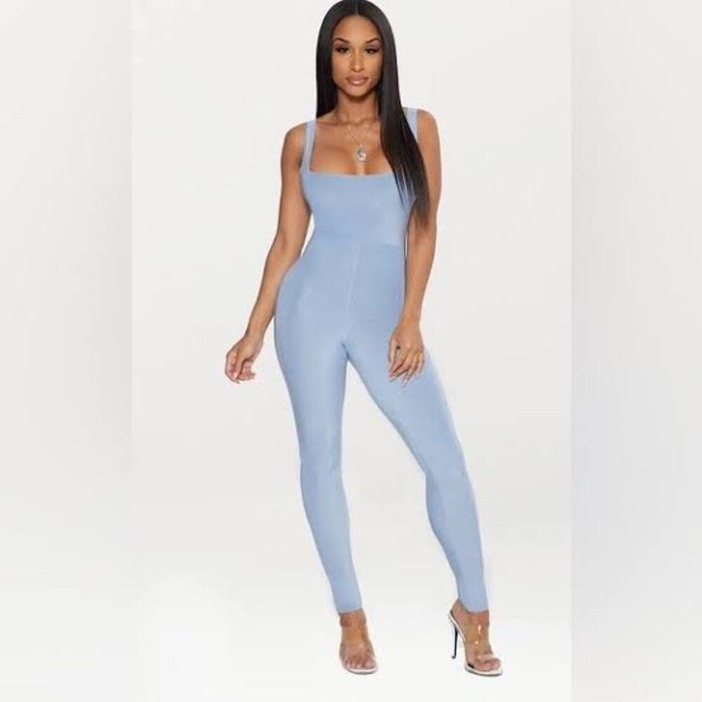 PrettyLittleThing Light Baby Blue Sleeveless Square Neck Jumpsuit Some Stretch 4